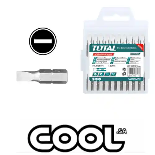 Screwdriver-bits-TAC16SL413-1.webp Total Screwdriver Bits TAC16SL413 SL6.0*1.0,25mm,20Pcs/Set - الصورة 1